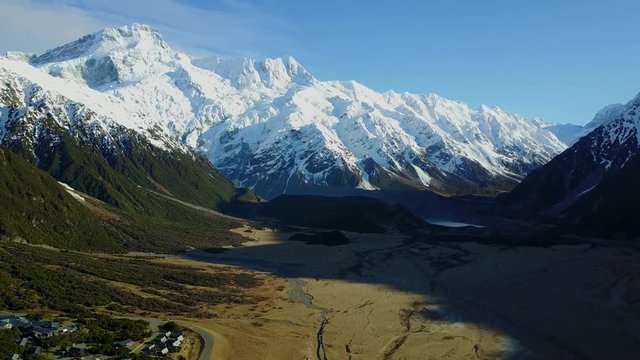 4K. Aerial view of Aoraki Mount Cook national park, one of the most popular travel destinations in South Island, New Zealand.
