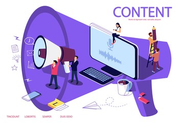 Creative Blogging isometric illustration concept, people learning about creative blogging or copywriting can use for web page, banner. Microphone as background. Double exposure vector effect.