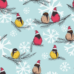 Titmouse, bullfinch. Winter Birds seamless pattern. Birds in Santa Claus hat. BIrds sitting on eve branch