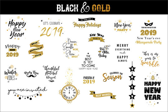 Happy New Year 2019 emblem set. Vector logo, text design. Black, white and gold. Usable for banners, greeting cards, gifts etc.