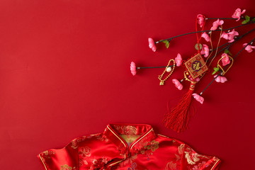 chinese new year 2019 red backgroung. flat lay