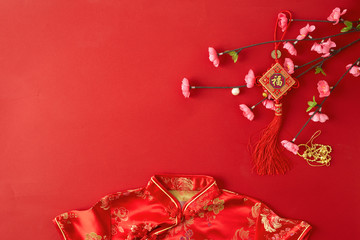 chinese new year 2019 red backgroung. flat lay