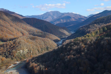 gorge in the mountains in autumn. And the longest Zip-line in Russia. Sochi, Solohaul