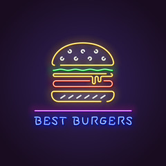 Hamburger neon sign. Glowing neon sign of big burger. best hamburgers letters glowing in retro colors. Fast food restaurant concept.