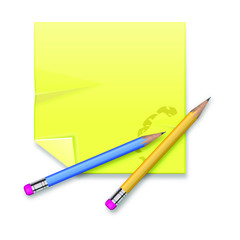 Blank square yellow record sheet and pencils with eraser on white background