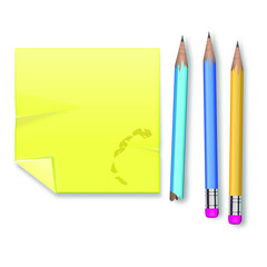 Blank square yellow record sheet and three pencils with eraser on white background