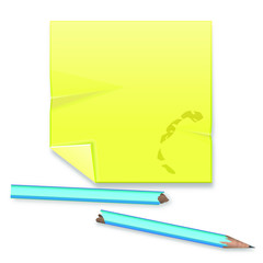 Blank square yellow record sheet and broken pencil on white background
