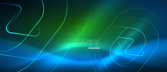 Neon glowing techno lines, hi-tech futuristic abstract background template with geometric shapes