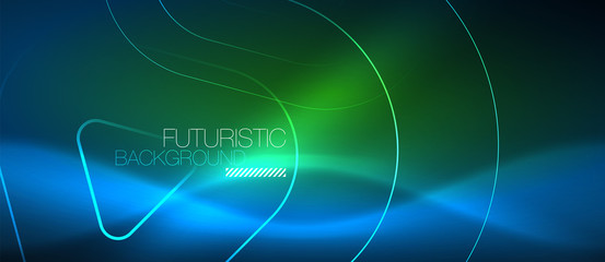 Neon glowing techno lines, hi-tech futuristic abstract background template with geometric shapes