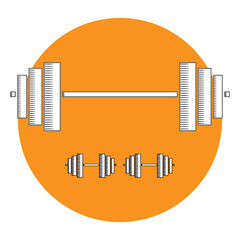 Fototapeta na wymiar Icon of a barbell and dumbbells on an orange background. Weightlifting. Silhouette of a barbell and a dumbbell. Vector illustration.