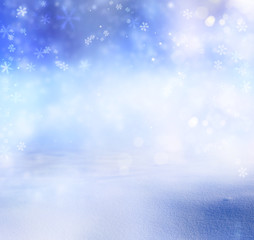 Christmas blue background with snow. Winter landscape