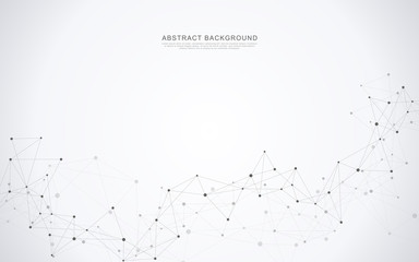 Geometric abstract background with connected dots and lines. Molecular structure and communication concept. Digital technology background and network connection.