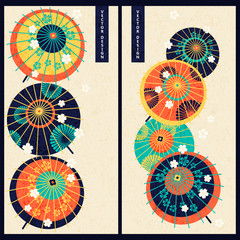 japanese vector set with two cards with colorful vintage japanese traditional umbrellas. design for gift, print, business, card - 236760319