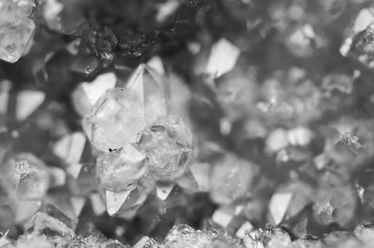 Black and white background of the crystals surface. Macro closeup