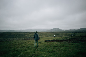 Naklejka na ściany i meble Two man, hikers or tourists walk towards clifs on rainy day in icelandic epic ladnscape or scenery. Vast open green fields and mesmerizing nature. Concept outdoor lifestyle