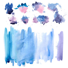 Set of blue and brown blots. Watercolor illustration. Vector