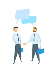 Two businessmen having a dialogue, conversation. Concept for banners, infographics or websites. Flat vector illustration. Isolated on white background.