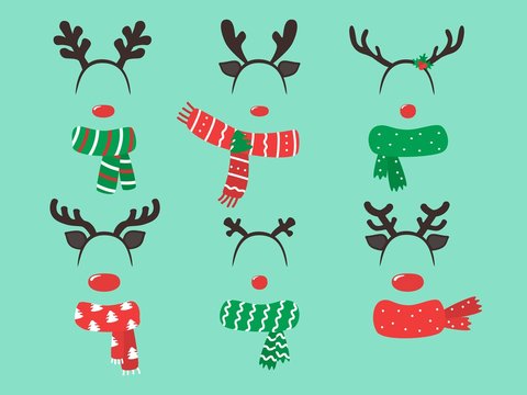 Merry Christmas Photo Booth Props, Fun Party printable masks, nose, deer, north pole sign. Vector illustration.