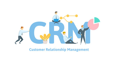 CRM, customer relationship management. Concept with keywords, letters and icons. Colored flat vector illustration on white background. - obrazy, fototapety, plakaty