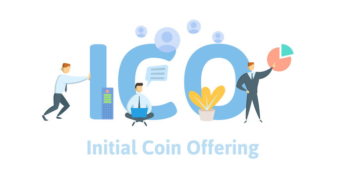 Initial Coin Offering, ICO. Concept with computer user, letters and icons. Colored flat vector illustration on white background.