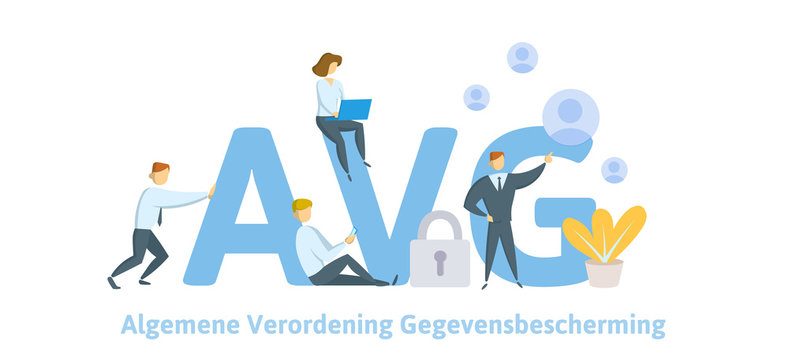 GDPR in Netherlands. Algemene verordening gegevensbescherming. People sitting on big AVG letters with symbols around. GDPR, AVG, DSGVO, DPO. Flat vector illustration. Isolated.