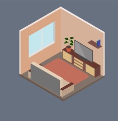 Isometris living room with tv, window, sofa, books, flower pot. Vector illustration. Eps 10.