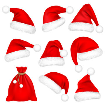 Christmas Santa Claus Hats With Fur Set, Bag, Sack. New Year Red Hat Isolated on White Background. Winter Cap. Vector illustration.
