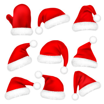 Christmas Santa Claus Hats With Fur Set, Mitten. New Year Red Hat Isolated on White Background. Winter Cap. Vector illustration.