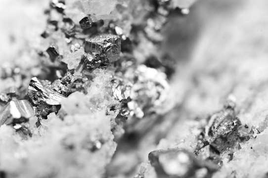 Crystals Rhodochrosite with particles of Pyrite. Black-and white  texture of mineral for background.  Macro