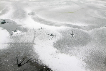 cracked ice on river in winter