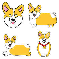 Set of funny corgis. Vector icon, doodle illustration for greeting card, t shirt, print, stickers, posters design.