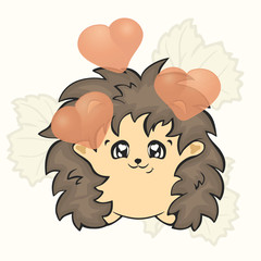 Cute happy hedgehog with fly hearts, vector image isolated. Hedgehog in love, animal. Stickers print for St. Valentine's Day decoration. Wedding card design. Real love. Love gift. To give heart.