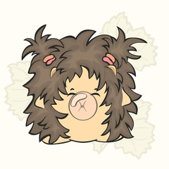 Cute happy hedgehog with bubble gum vector image isolated. Hedgehog blowing bubble from chewing gum. Hedgehog with two tails on head. Fun animal child rumination cud. Taste of childhood and good mood