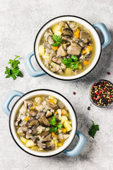Healthy vegan wild mushroom soup in pots on grey concrete background. Top view, space for text.
