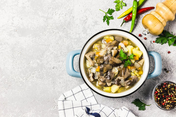 Healthy vegan wild mushroom soup in pots on grey concrete background. Selective focus, space for text.