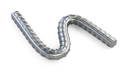 New curved reinforcements steel bar close up. 3d illustration isolated on white background.