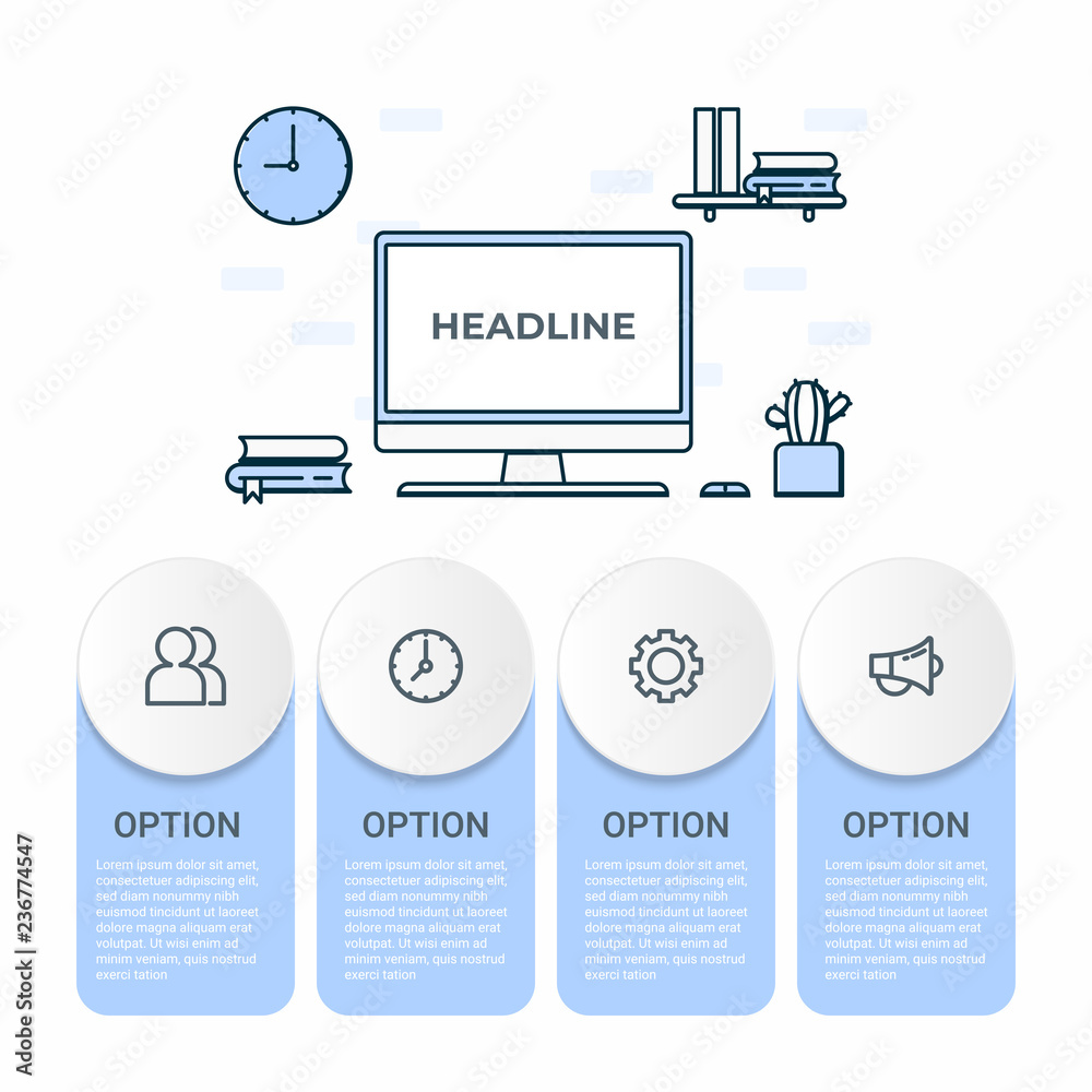 Poster Business infographic. Infographics diagram with workspace business table and computer . template for presentation.