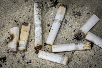 Cigarette tobacco butts scattered on the floor. Close up. 
