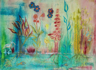 Swamp scene in psychedelia. The dabbing technique near the edges gives a soft focus effect due to the altered surface roughness of the paper...