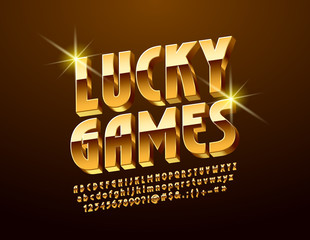 Vector bright Logo Lucky Games. Golden 3D Font. Stylish Alphabet Letters, Numbers and Symbols.