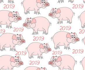 Decorative vector seamless pattern with cute funny pigs -- the symbol of 2019 year