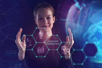 The concept of business, technology, the Internet and the network. A young entrepreneur working on a virtual screen of the future and sees the inscription: Content marketing