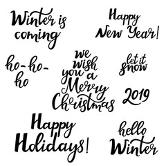 Merry Christmas. Happy New Year 2019. Hello winter. Set of festive phrases.