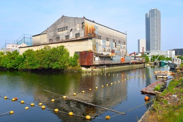 Naklejka premium 横浜神奈川区の運河沿いの風景