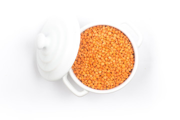 Red Lentils in a small pan. Top view