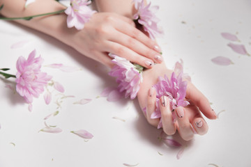 Skin care. Stylish photo. Nude manicure. Beautiful female hands holding pink flowers. Petals scattered on