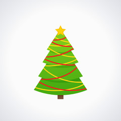 Christmas tree. Vector. Tree icon in flat design. Xmas cartoon background. Merry spruce fir. Winter illustration isolated on white. Pine with garland, star. Computer graphic.