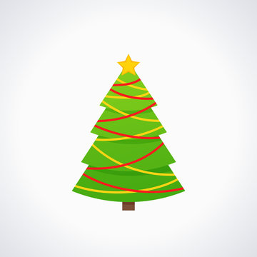 Christmas tree. Vector. Tree icon in flat design. Xmas cartoon background. Merry spruce fir. Winter illustration isolated on white. Pine with garland, star. Computer graphic.
