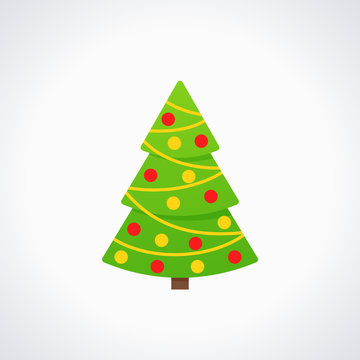 Christmas tree. Vector. Tree icon in flat design. Xmas cartoon background. Merry spruce fir. Green pine with garland, balls. Winter illustration isolated on white. Computer graphic.