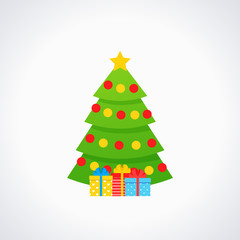 Christmas tree. Vector. Tree icon in flat design. Xmas spruce fir. Merry cartoon background. Pine with star, balls, gift box. Winter illustration isolated on white. Computer graphic.